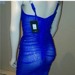 NWT Fashion Nova Royal Blue Rhinestone Crystal Sexy Sheer Mini Dress Jewel Tone